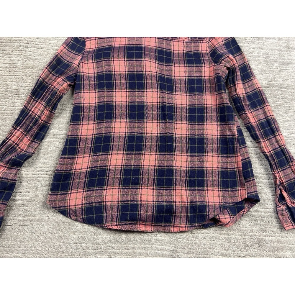 Rue 21 Flannel Top Womens Medium Pink Blue Plaid Longsleeve Western Button Up - Picture 9 of 12